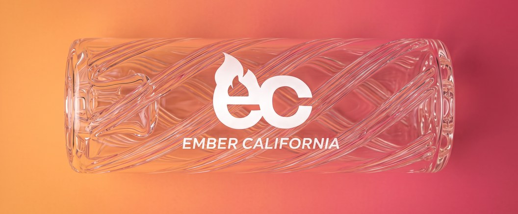 Spiral glass tip lying on its side showing the Ember California logo